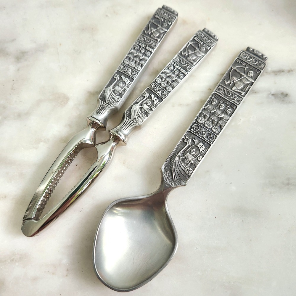 Vintage Heilag‎ Olav Pewter Norway Viking Nutcracker Spoon Set Norse Boat Motif